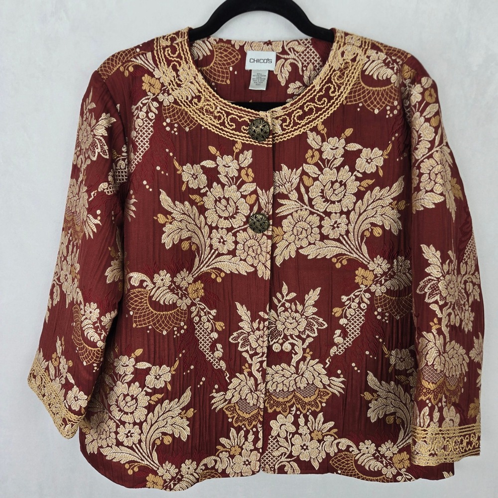 Chicos Maroon Gold Floral Jacquard Jacket Cardigan Embroidered Snap Front Sz 2 L